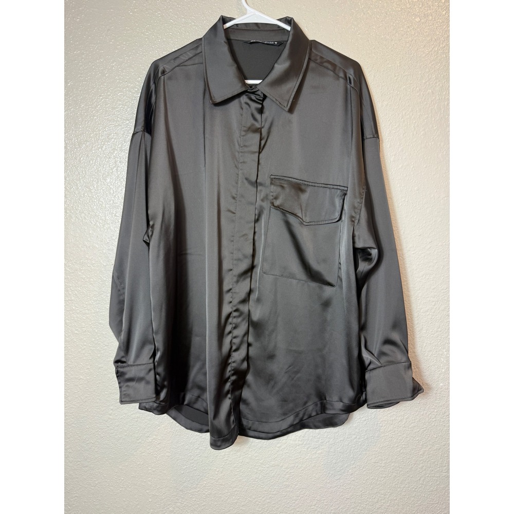 ZARA Black Satin Button Front Shirt Blouse Oversized XL